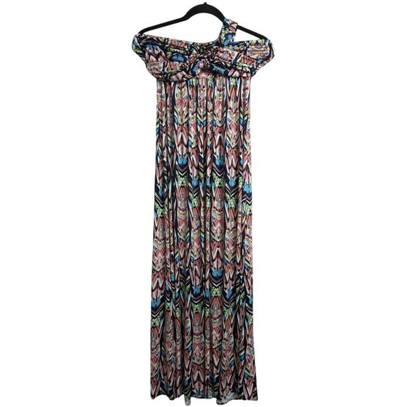 TBags Los Angeles Multi Color One Shoulder Maxi Dress Abstract Print Cutout XS - Picture 1 of 9